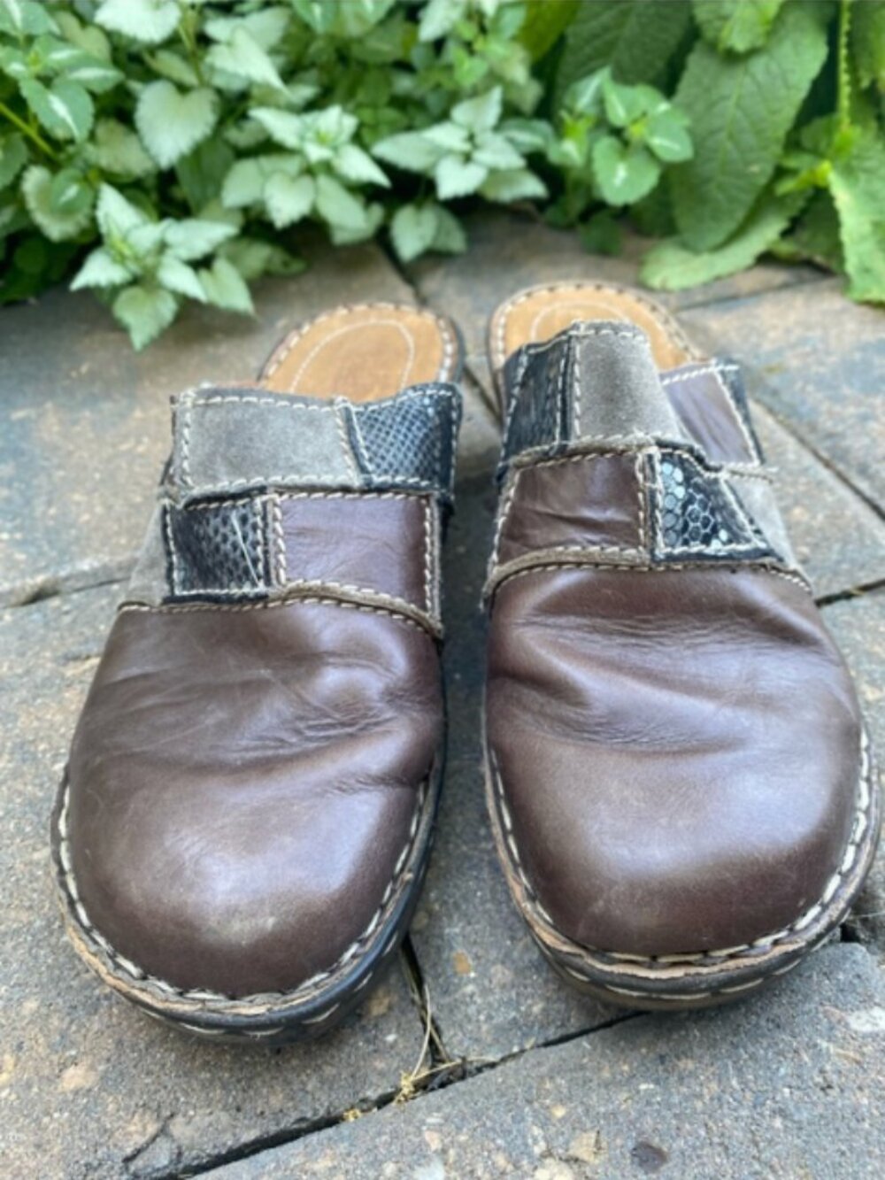 Josef Seibel Brown Leather Patchwork Mules Clogs, 39EU Summer Sale